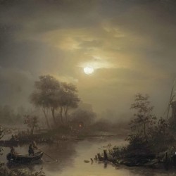 A moonlit river landscape, with a town in the distance